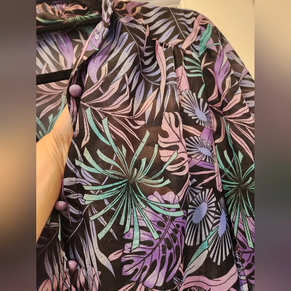 Vintage 70s 80s Tropical Floral Semi Sheer Long Sleeve Dress L - Picture 6 of 7